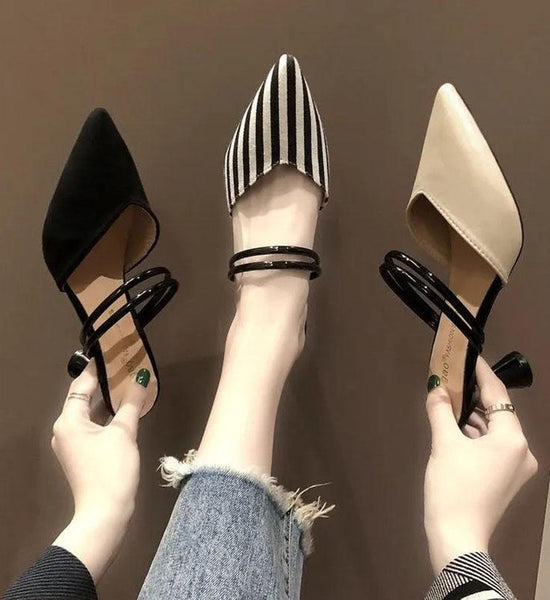 Baotou Half Slippers Women's Summer Fashion Outer Wear Striped Versatile Slippers Two Wear Pointed Toe High Heels Thick Heels Fitting Shoes Trend