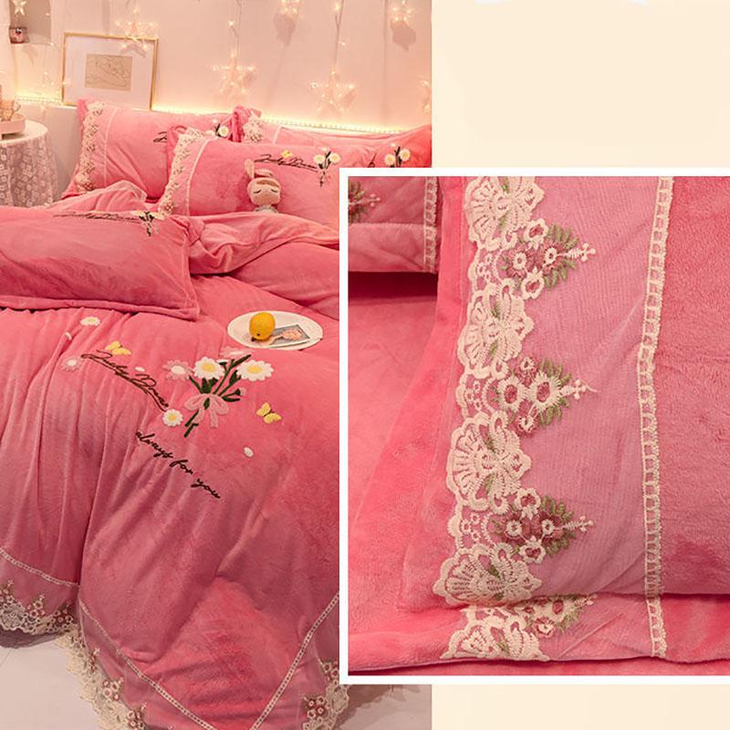 Thicken Plus Velvet Warm Coral Velvet Solid Color Fleece Bedding Princess Style High-grade Milk Velvet Four-piece Crystal Velvet