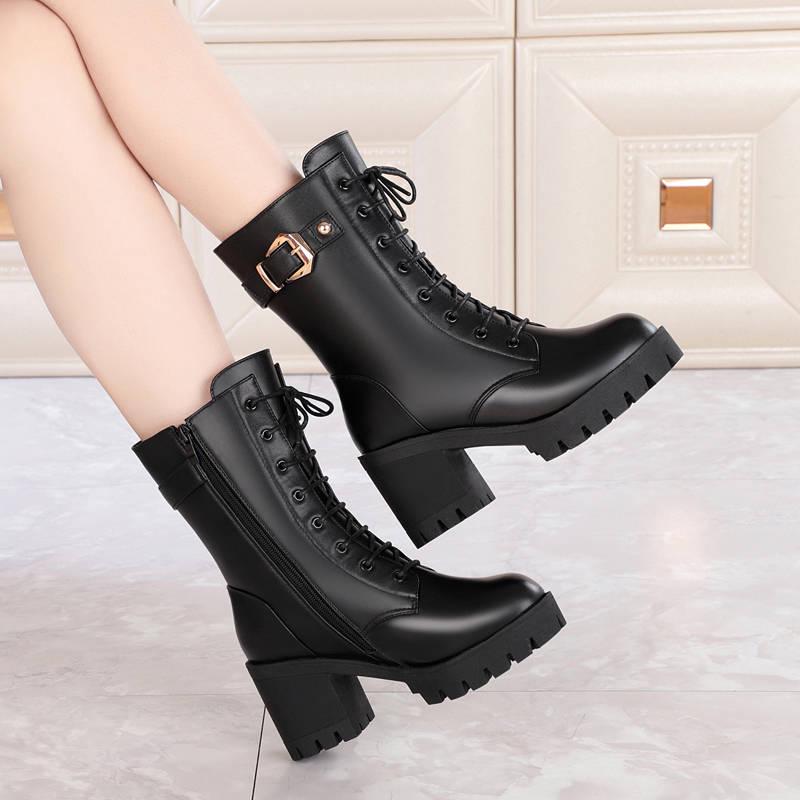 Boots Women Shoes Autumn Winter Fur Snow Boots Fashion Round Toe Lace-up Leather Boots Ladies Shoes