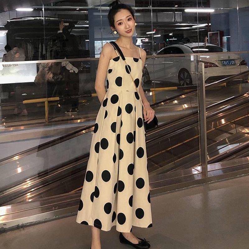 2020 Long Split Vestidos Women Straps Sleeveless Summer Sundress Polka Dot Printed Dress Female