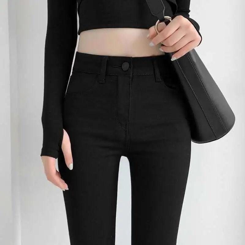 Women's High Waist Jeans Korean Style Black Pencil Pants Tight Elastic Smoke Gray Student Slim Magic Pants Long Pants