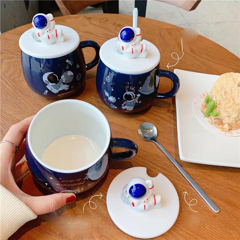 Starry Sky Mug with Lid Spoon Astronaut Ceramic Cup Nordic Male and Female Students Milk Coffee Cup Couple Cup