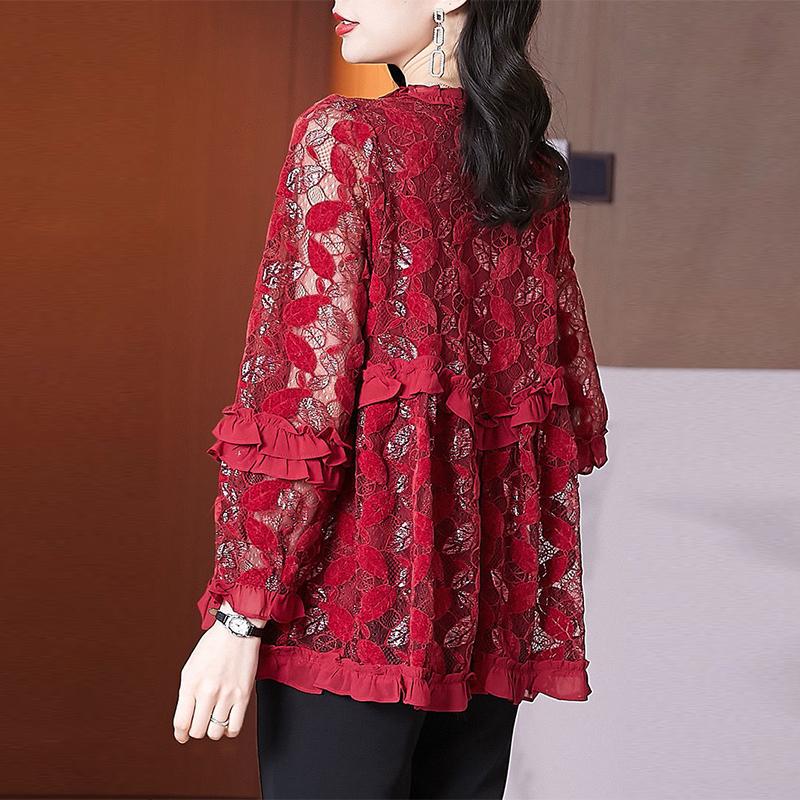 Women's Plus Size Lace Blouse Spring and Autumn Clothes Temperament All-match Loose Western Style Bottoming Shirt Women