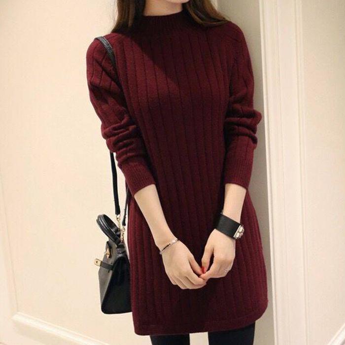 Women Round Collar Warm Pullover Sweater Dress Stripe Knitted Bottoming Shirt Knit Dress