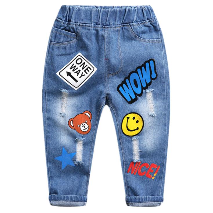 Spring and Autumn Boy and Girl Jeans Pants Children's Wear Korean Casual Pants Printing Baby Jeans Thin Ripped Jeans