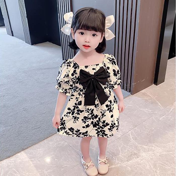 Children Dress Spring Summer Girls' Bow Chiffon Dress Floral Skirt Short Sleeve Girdle Princess Skirt A-line Dress