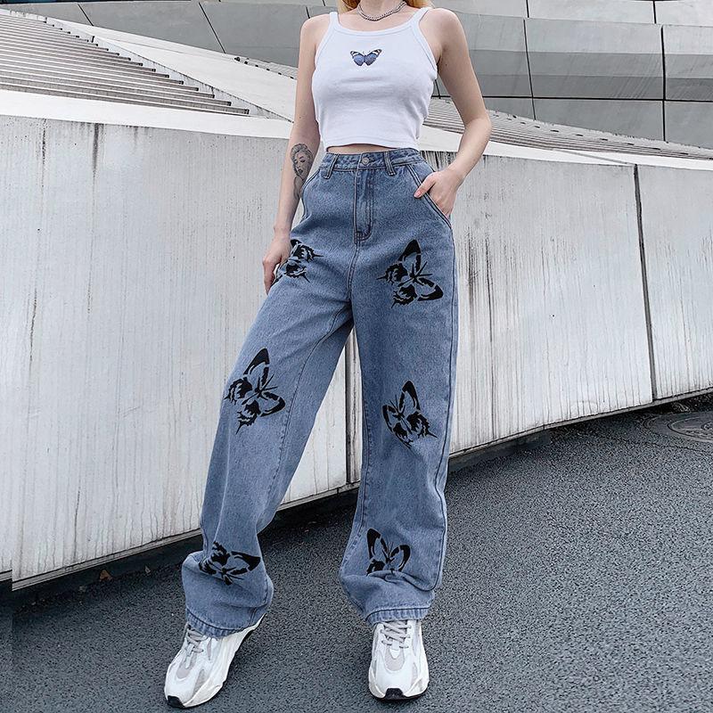 Butterfly Print Straight-leg Jeans Vintage Jeans Loose Streetwear Women's High-waisted Slim and Versatile Drape Loose Mopping Casual Pants