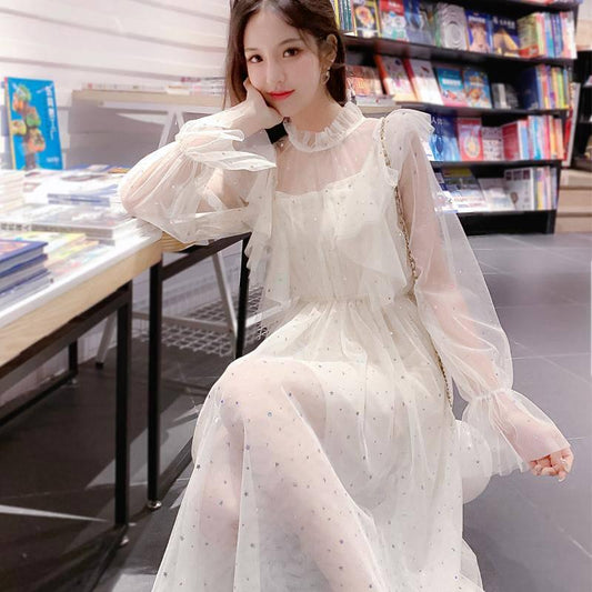 Vintage Mesh White Dress Women Ruffle Long Sleeve Summer Dresses Ladies Elegant Short Party Dresses