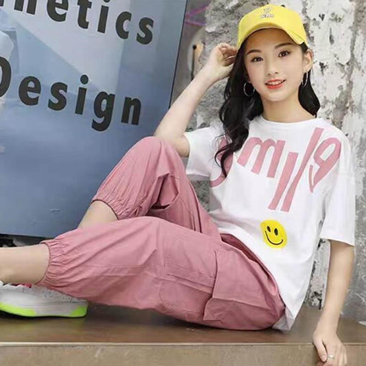 Girls Suit Spring and Summer Breathable Loose Casual Fashion Children's Short-sleeved Sports Short-sleeved Trousers Two-piece Set