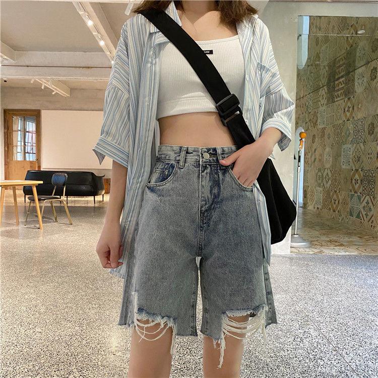 WTEMPO Women Jeans Ripped Denim Shorts Skirt Elastic Waist Loose Wide Leg A-line Office Club Casual Party Dates