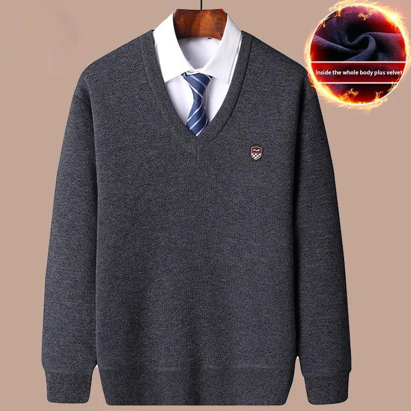 Autumn and Winter Sweaters Plus Velvet Thick Warm Pullover Sweater V-neck Top Suitable for Middle-aged and Elderly Men