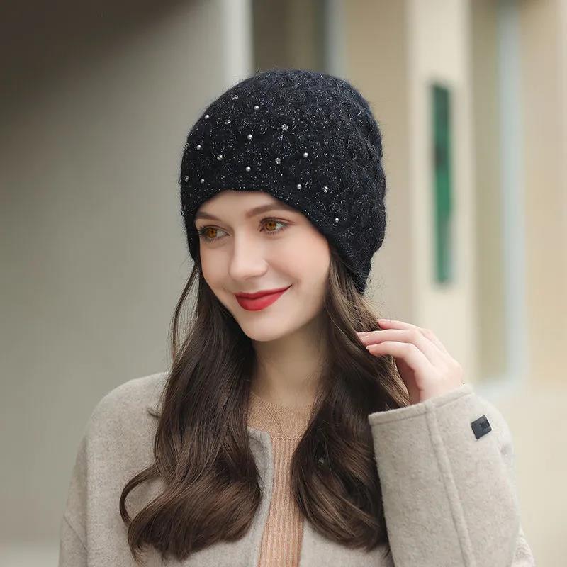 Women's Hat Autumn Winter Thickening Warm Beret Hat Cold-proof Rabbit Fur Blended Knitted Hat Windproof Beanies Cap Headgears Solid Pearl Decor Hat