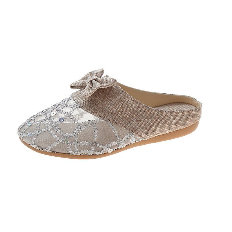 Lace Closed-toe Half Slippers Female Summer Hollow Linen Woven Loafers Lazy Outer Wear Sandals and Slippers