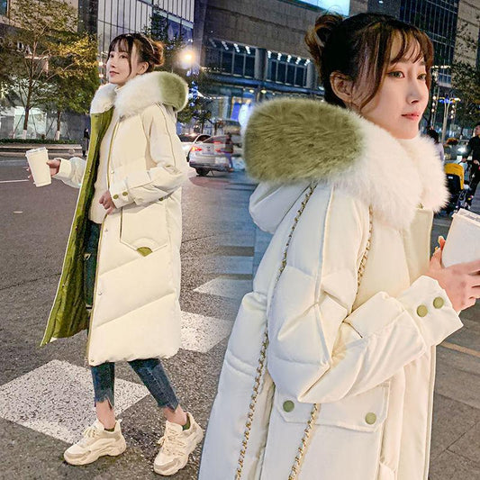 Large Fur Collar Down Jacket Cotton Jacket Women's Mid-length Over-the-knee Thick Large Pocket Jacket