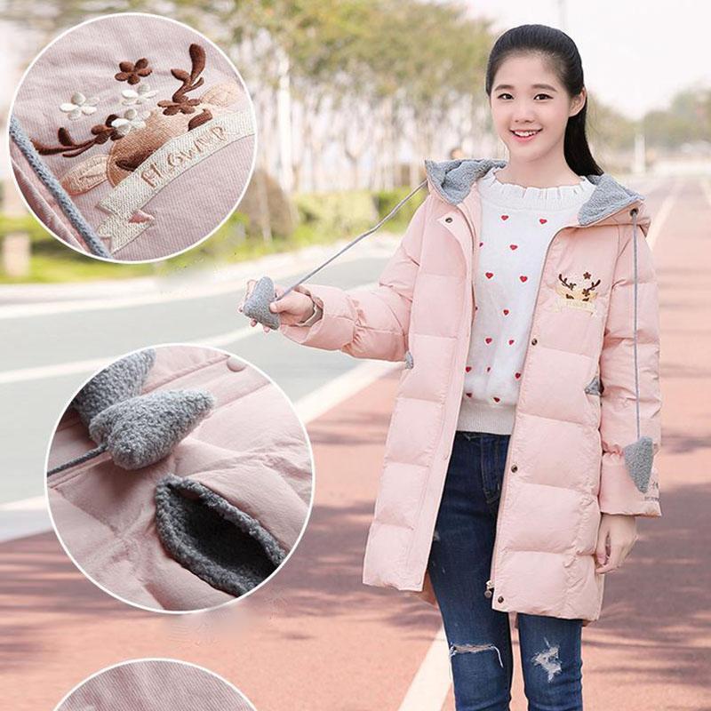 Girls' Cotton Jacket Mid-length Korean Thick Winter Hooded Padded Jacket Windproof and Warm Top