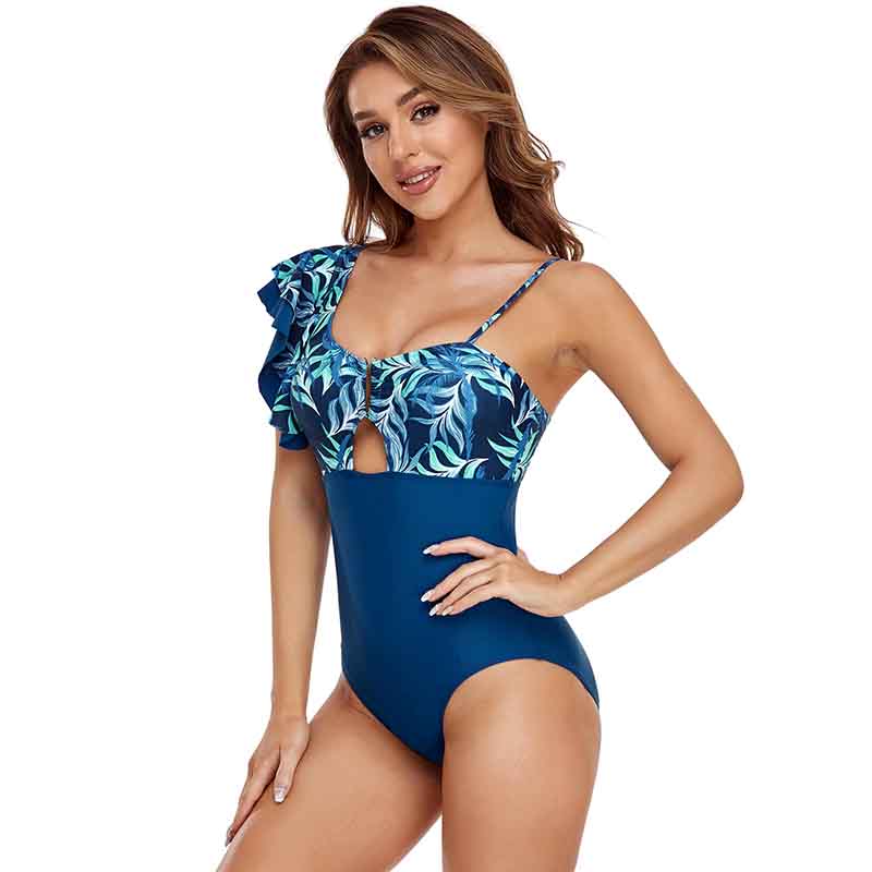 Splicing One Piece Swimsuit Feminine Fashion One Shoulder Lotus Leaf Beachwear Backless Swimsuit