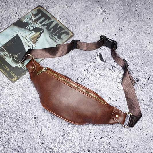 Retro Waist Bag Men Brown Leather Chest Bag Mobile Phone Bag Outdoor Sports Shoulder Bag