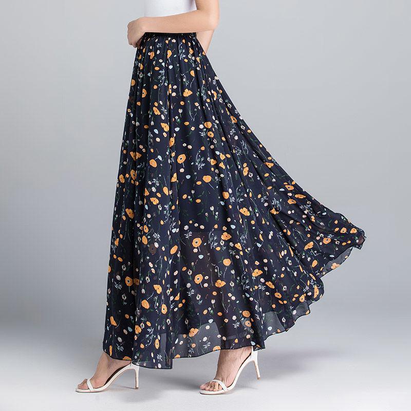 Women Vintage Elegant Floral Skirts Exquisite Printing High Waist A-line Chiffon Skirt Mid-length Chiffon Skirt