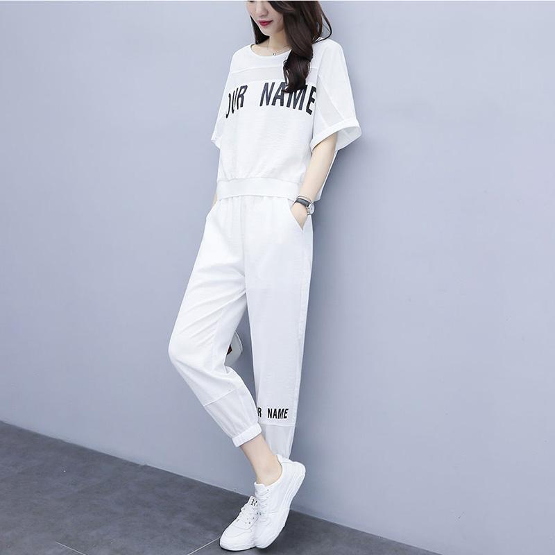 Casual Sports Suit Women's Loose Round Neck Short-sleeved Top + Loose Casual Sports Pants Two-piece Sports Suit Fabric Is Soft Light and Breathable