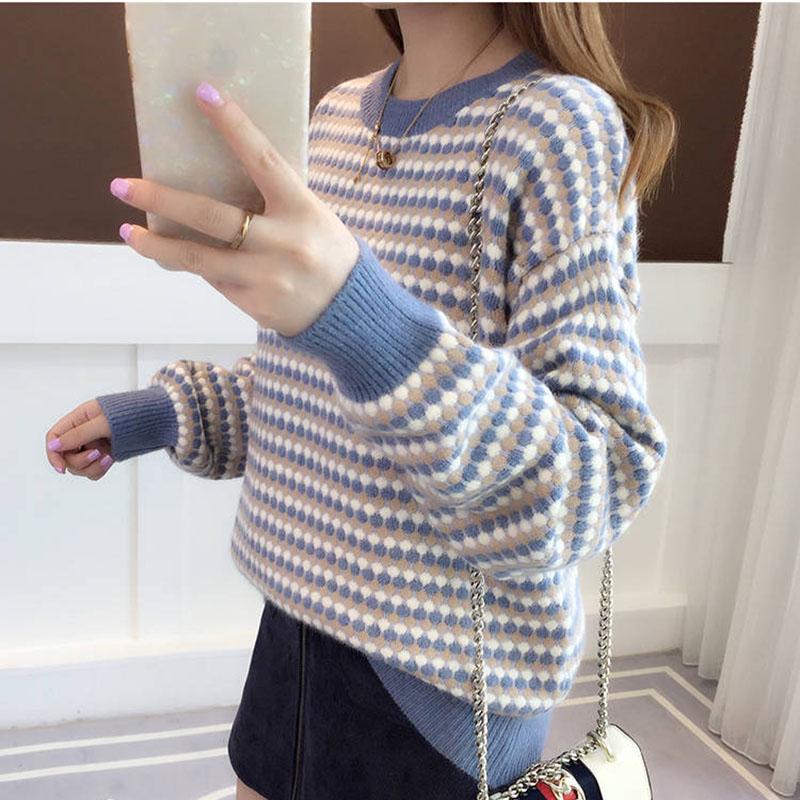 Winter striped sweater contrast women's Crew neck pullover loose  Plus Size  loose Knit Sweater warm