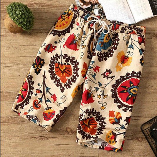 Summer Beach Pants Men's Casual Flower Shorts Men's Summer Big Pants Boys Cotton Five-point Pants Pants Loose Large Size