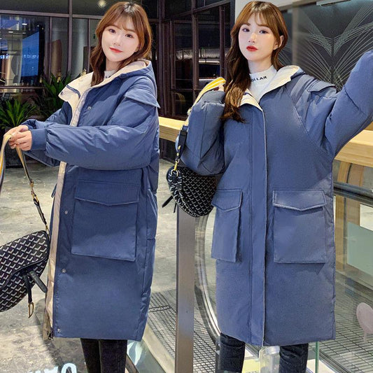 Winter Fashion Over-the-knee Down Padded Jacket Women Mid-length Loose Large Size Hooded Thick Warm Cotton Jacket