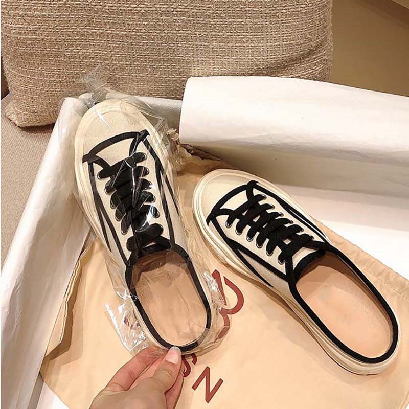 Half Slippers Women's Outer Wear Shoes Summer Casual Lazy One-foot Flat Shoes Canvas Shoes