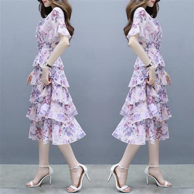 Pofulove Bohemian summer floral chiffon dress flared sleeves V-neck layered dress Ruffled dress