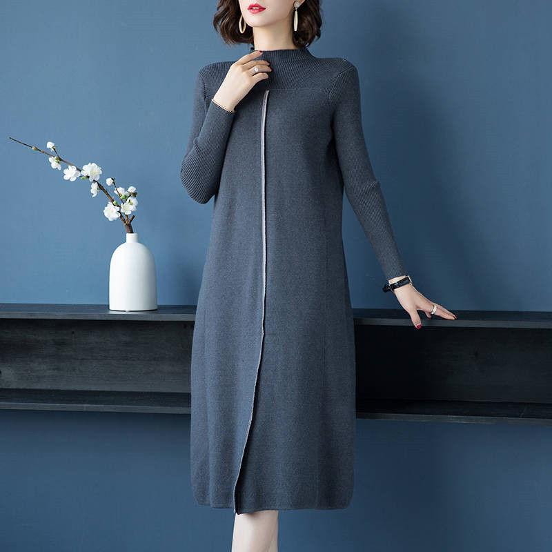 Autumn and Winter Knitted Long Dress Over The Knee Loose Clothes Large Size Base Skirt Pure Color Simple Female Sweater Dress