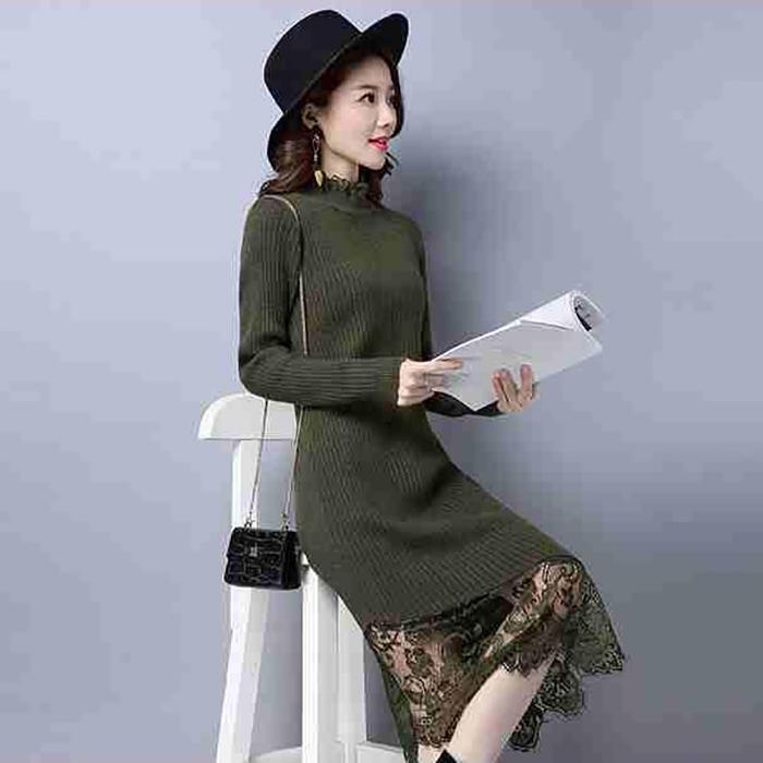 Autumn and Winter Fashion Lace Stitching Women's Bottoming Shirt Long-sleeved Mid-length Over-the-knee Slim Warm Sweater Dress