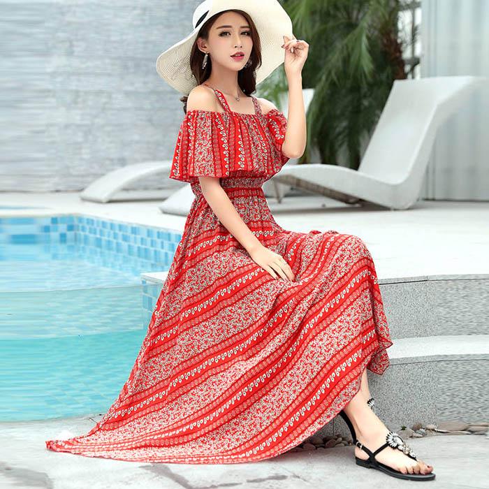 Pofulove Women Sexy Off Shoulder Strap Dress Mid-length A-line Sun-dresses Bohemian Beach Dress