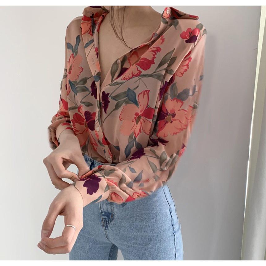 Fashion Women Shirt Floral Printed Blouses Chiffon Blouse Korea Tops Casual V-neck Long Sleeve Ladies Shirt