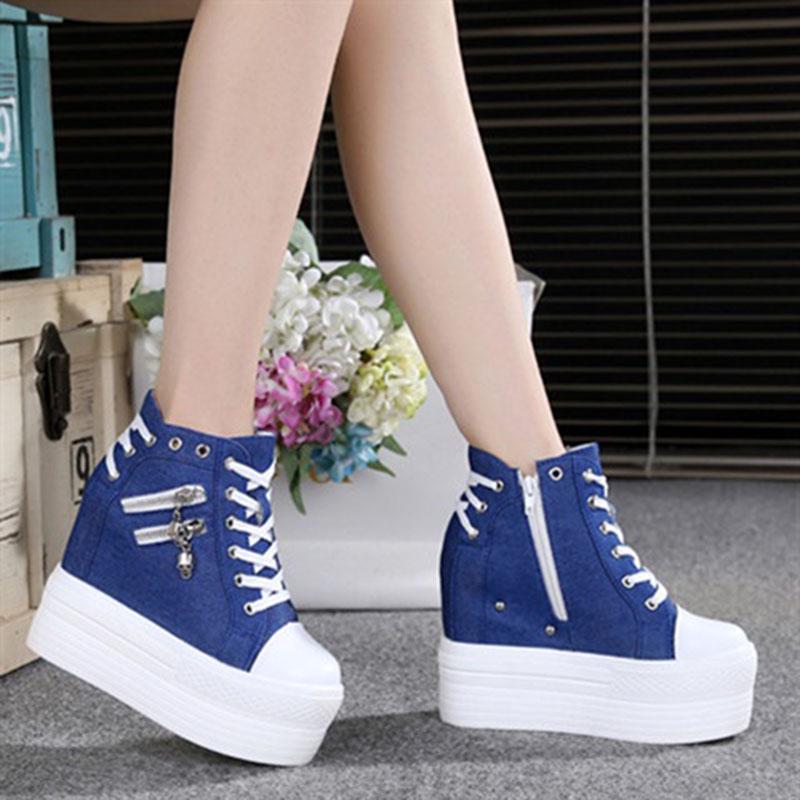 Women's  Canvas Shoes Wedges Heel Thick Bottom Increased Casual Shoes High-heeled Platform Lace Up Wedge Sneakers