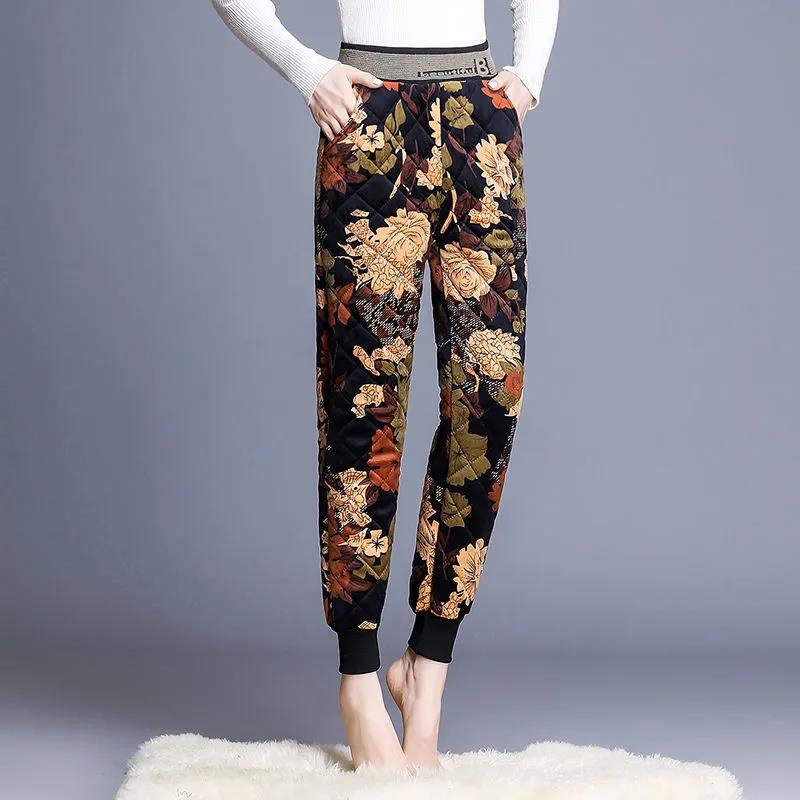 Middle-aged Elderly Plus Velvet Cotton Pants Women's Elastic High Waist Thickened Warm Pants Loose Casual Pants for Outer Wear