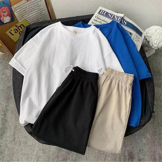 Short-sleeved Suit Solid Color Short-sleeved + Shorts Two-piece Summer Half-sleeved T-shirt Large Size Student Casual Five-point Pants Sports Suit