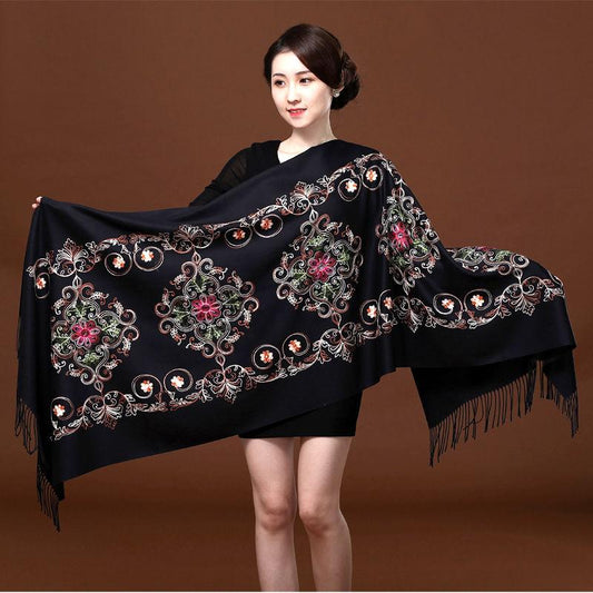 Red Embroidered Scarf Female Ethnic Style Thick Double-sided Warmth Shawl Dual-use Autumn and Winter Wild Long Section