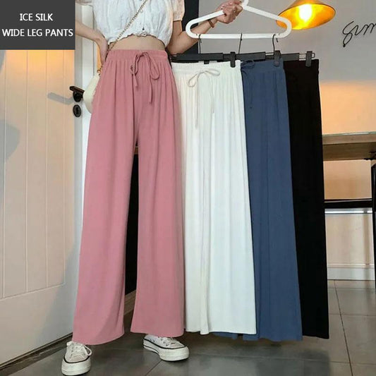 Women's Summer Ice Silk Wide Leg Pants Loose and Thin Drape Thin Pants Straight Casual Pants Mopping Trousers Jogging Pants