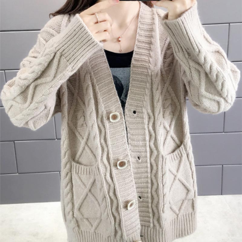 Sweater Cardigan Women's Spring and Autumn Loose Knitted Sweater Mid-length Casual Coat