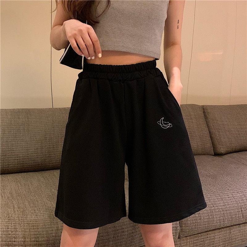 WTEMPO Moon Pattern Sports Shorts Women's  Casual Pants Student Elastic Waist Convenient Big Pocket Gym Stadium