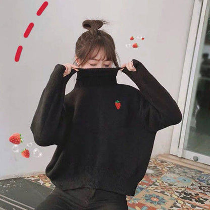 Turtleneck Sweater Women's Embroidery Strawberry Autumn and Winter Warm Loose Sweater Thick