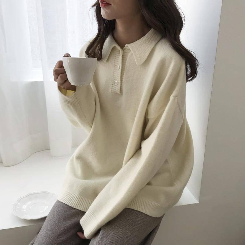 Pofulove Autumn Winter Mid-length Sweater Loose Solid Color POLO Collar Sweater Jacket Female