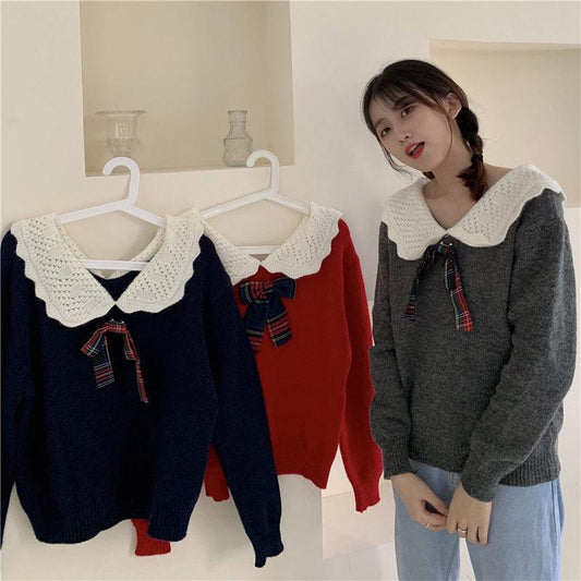 Autumn  Winter Fashion Plaid Bow-knot Long-sleeved Solid Color Pullover Blouse Loose Sweater Casual Women