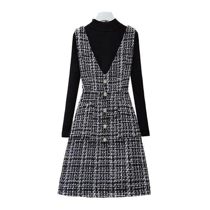 Knit Sweater Small Fragrant Wind Woolen Mid-length Vest Dress Suit Ladies A-line Waist Sweater Dress Warm and Comfortable