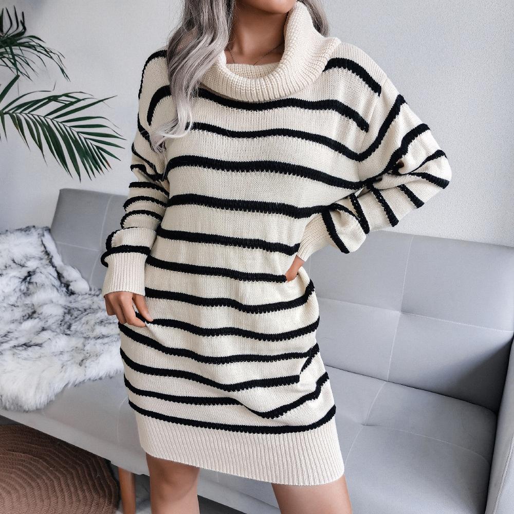 Turtleneck Striped Knitted Sweater Dress Women Long-sleeved Casual Loose Dress Sexy Sweaters Dressed Ladies Autumn Winter