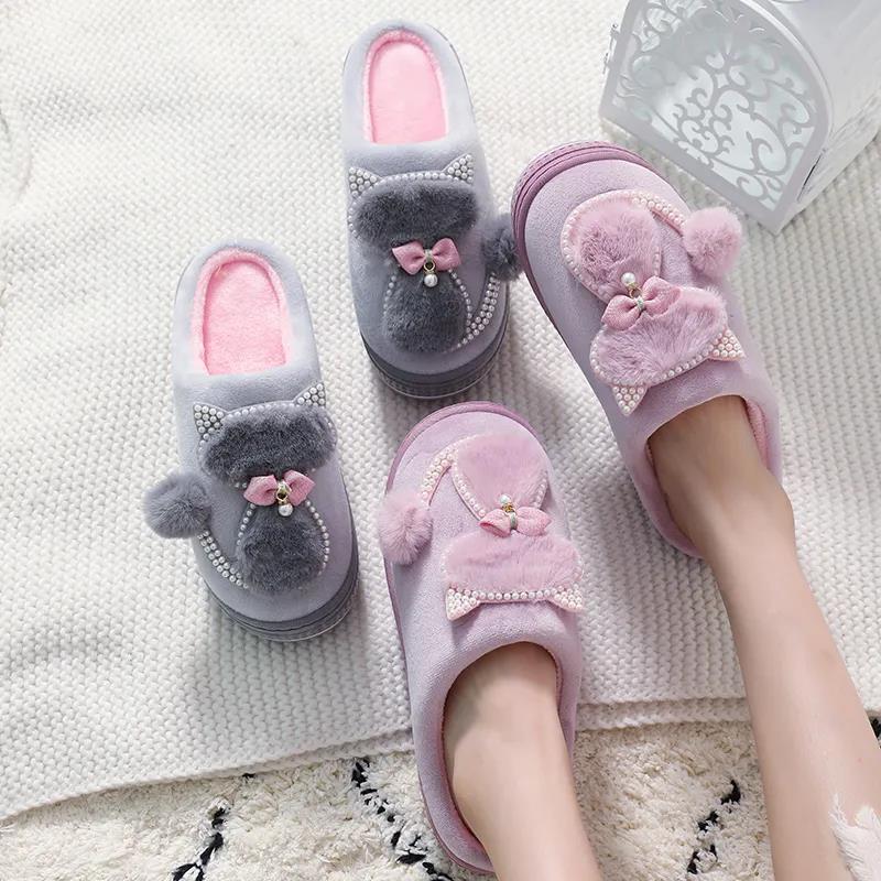 Winter Women's High-heeled Thick-soled Home Cotton Slippers Anti-slip Plush Slippers Confinement Shoes