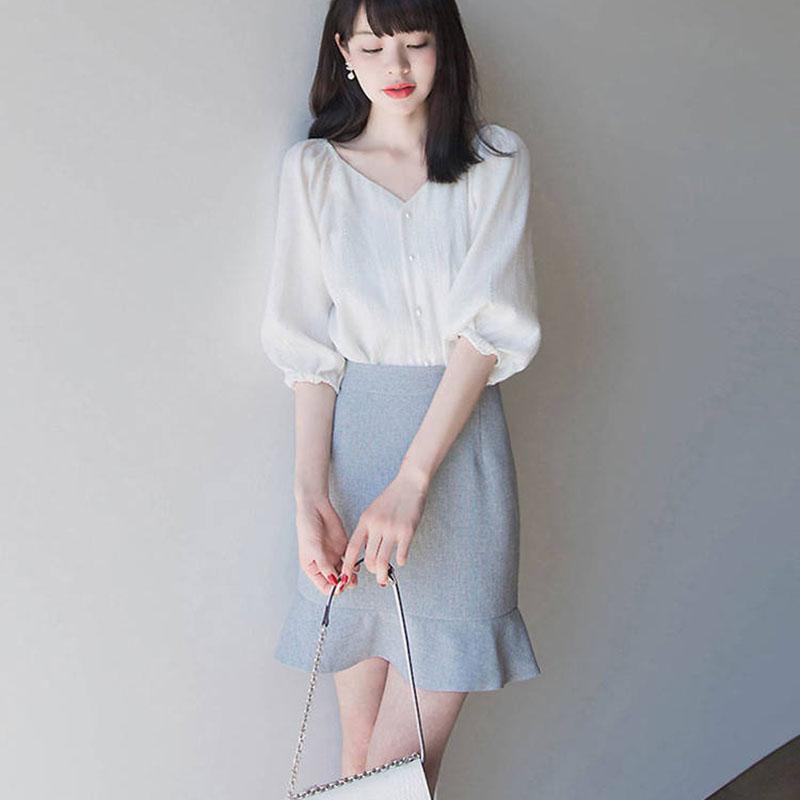 Pofulove Summer Skirt Suit Half-sleeve Shirt Mermaid Skirt Two-piece Women Skirt Set Ruffled Skirt