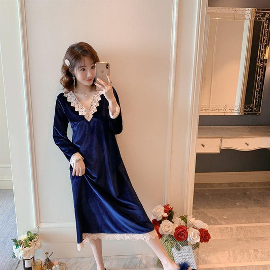 Nightdress Female Gold Velvet Fabric Soft Sexy V-neck Long Skirt Long Sleeve Lace Pajamas Female Spring Mid-length Luxury Autumn and Winter