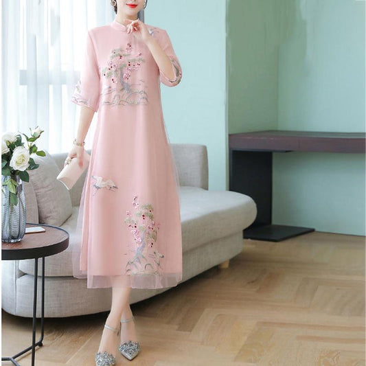 Chiffon  Cheongsam M-XXXXL Plus Size Chinese Style Summer Dress Knee-length Printed Over-the-knee Skirt