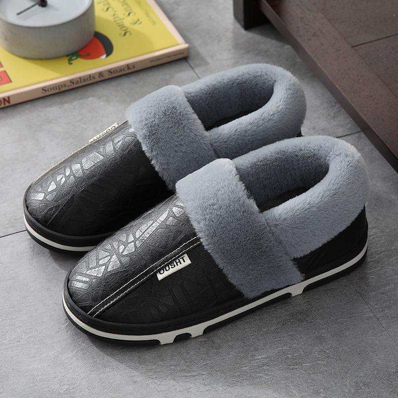 Bag Heel PU Leather Waterproof Winter Couple Cotton Slippers Men's Indoor Household Non-slip Home Warm Cotton Shoes Women