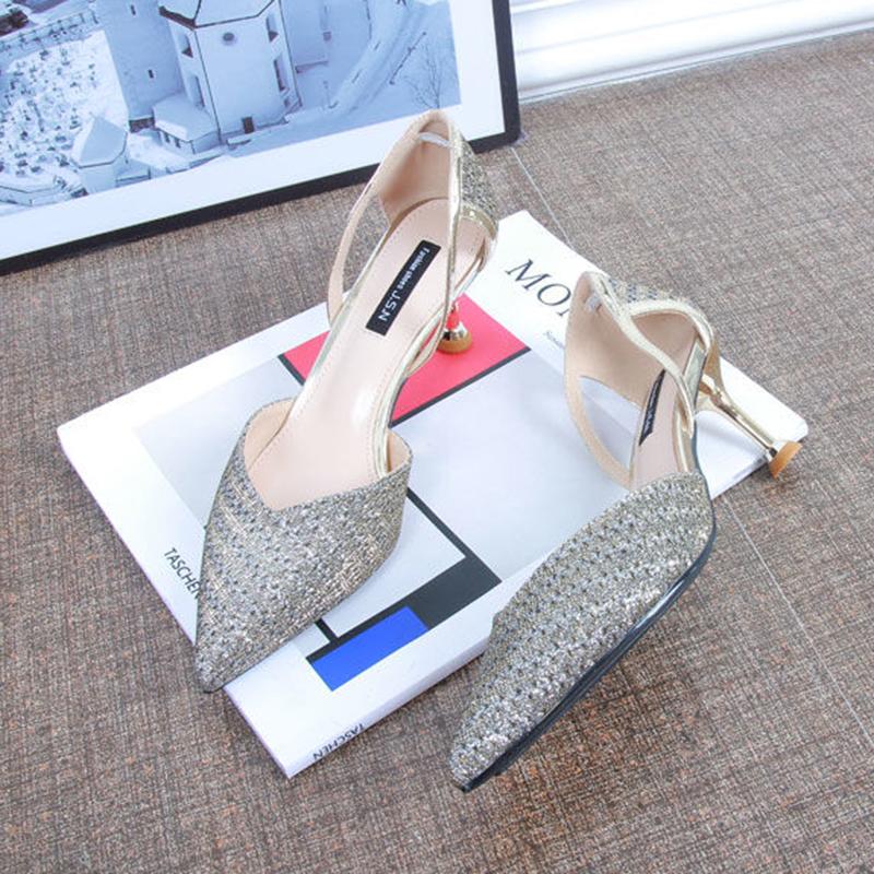 Spring Mid-heel High Heels Women's Shoes Pointed Toe Sexy Female Stiletto Hollow Sequin Party Shoes